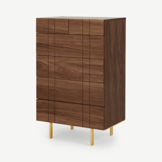 An Image of Keaton Tall Chest of Drawers, Walnut & Brass