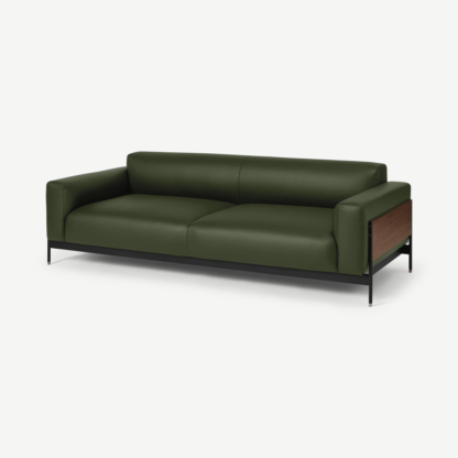 An Image of Presley 3 Seater Sofa, Denver Birch Green Leather & Walnut Veneer