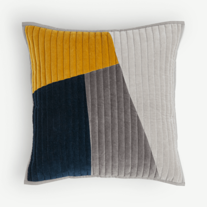 An Image of Giacomo Patchwork Velvet Cushion, 50x50cm, Navy & Tan