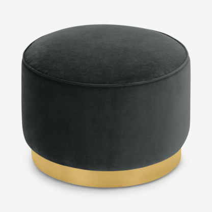 An Image of Hetherington Large Brass Base Pouffe, Midnight Grey Velvet