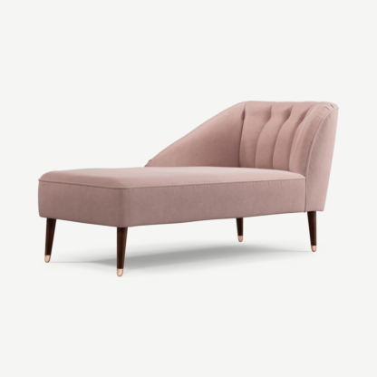 An Image of Margot Left Hand Facing Chaise Longue, Pink Cotton Velvet with Dark Wood Copper Legs