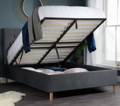 e4bf251d887cef5fbf721723d9b40add615157d57fcfaa55f06153690fb12b28.jpg An Image of Loxley Grey Velvet Fabric Ottoman Storage Bed Frame - 4ft Small Double