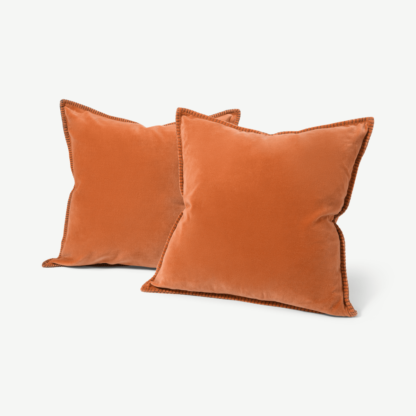 An Image of Allura Set of 2 100% Cotton Velvet Cushions, 50 x 50 cm, Papaya