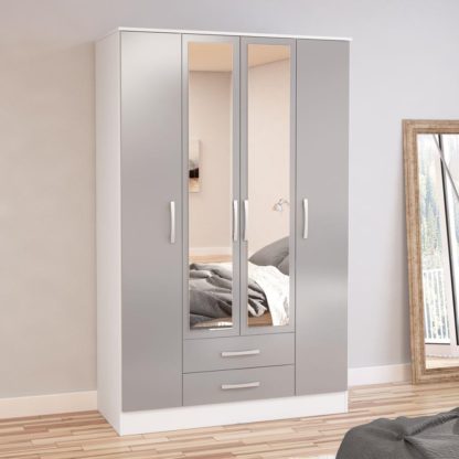 ea5f4b36c8d8eccb63b2ed7d1f7ac9c31fb6174c950a47574c29c10c332b7a57.jpg An Image of Lynx White and Grey 4 Door 2 Drawer Wardrobe with Mirror