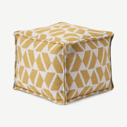 An Image of Oblique Indoor/Outdoor Square Pouffe, Yellow & Grey