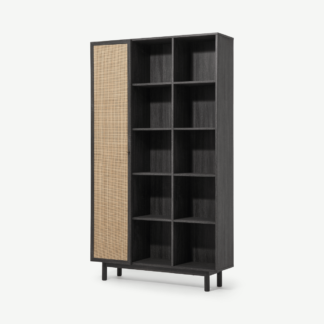 An Image of Pavia Wide Shelving Unit, Natural Rattan & Black Wood Effect