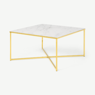 An Image of Alisma Square Coffee Table, Frosted Marble Effect Glass & Brass