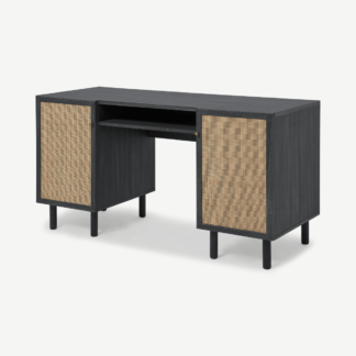 An Image of Pavia Wide Desk, Natural Rattan & Black Wood Effect