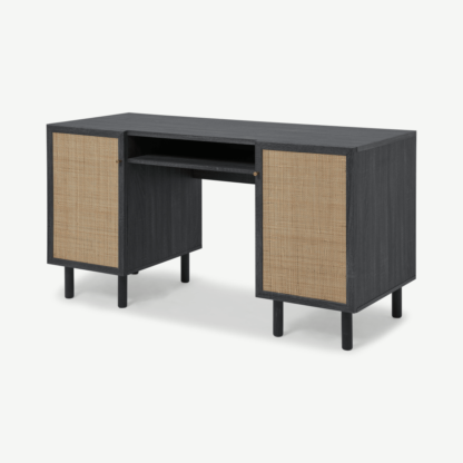 An Image of Pavia Wide Desk, Natural Rattan & Black Wood Effect