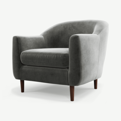 An Image of Tubby Armchair, Steel Grey Velvet with Dark Wood Legs
