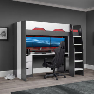 An Image of Mercury Grey and White Wooden High Sleeper Gaming Bed Frame - 3ft Single