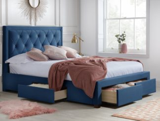 An Image of Woodbury Blue Velvet Fabric 4 Drawer Storage Bed Frame - 6ft Super King Size