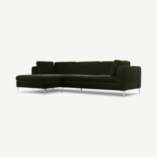 An Image of Monterosso Left Hand Facing Chaise End Sofa, Dark Olive Velvet with Chrome Leg