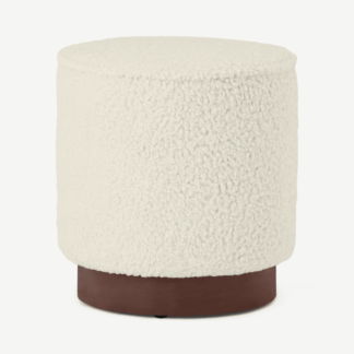 An Image of Hetherington Small Wooden Pouffe, Faux Sheepskin & Dark Stain