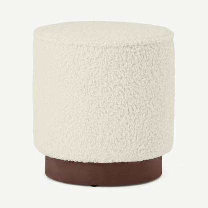 An Image of Hetherington Small Wooden Pouffe, Faux Sheepskin & Dark Stain