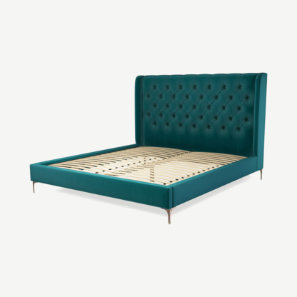 An Image of Romare Super King Size Bed, Tuscan Teal Velvet with Copper Legs