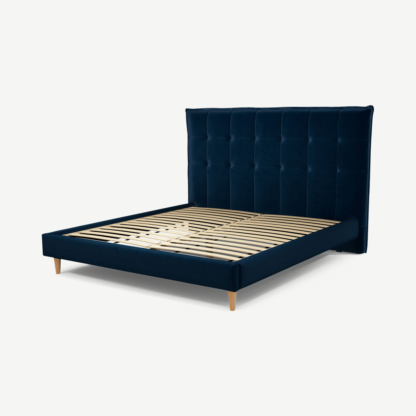 An Image of Lamas Super King Size Bed, Regal Blue Velvet with Oak Legs