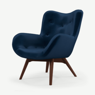 An Image of Doris Accent Armchair, Regal Blue Velvet with Dark Wood Legs