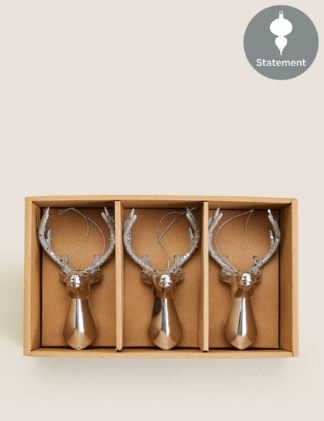 An Image of M&S 3 Pack Silver Luxury Reindeer Decorations, Silver