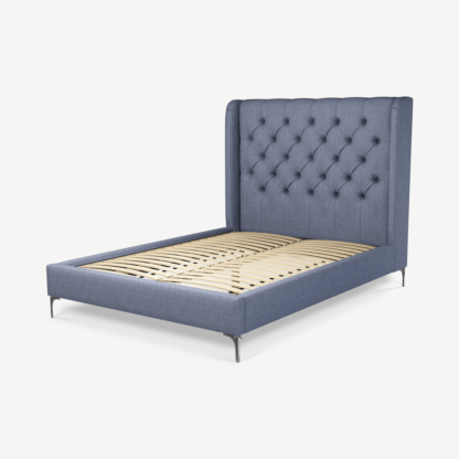 An Image of Romare Double Bed, Denim Cotton with Nickel Legs