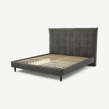 An Image of Lamas Super King Size Bed, Steel Grey Velvet with Black Stain Oak Legs