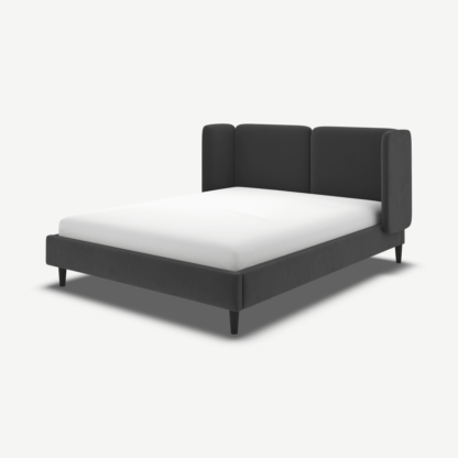 An Image of Ricola Double Bed, Ashen Grey Cotton Velvet with Black Stain Oak Legs