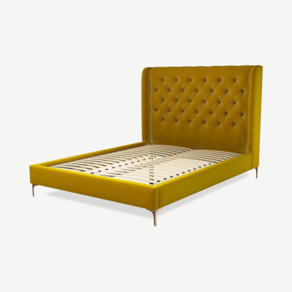 An Image of Romare King Size Bed, Saffron Yellow Velvet with Copper Legs