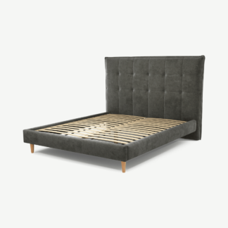 An Image of Lamas King Size Bed, Steel Grey Velvet with Oak Legs