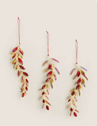 An Image of M&S 3 Pack Red Jewelled Leaf Tree Decorations, Red
