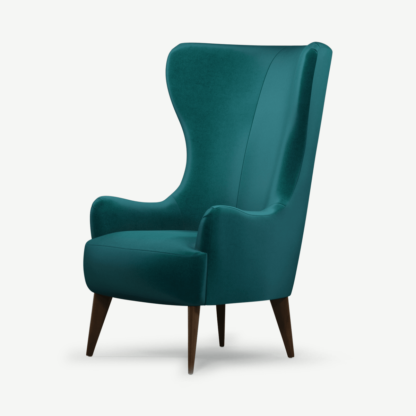 An Image of Bodil Accent Armchair, Tuscan Teal Velvet with Dark Wood Leg
