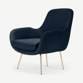 An Image of Moby Accent Armchair, Sapphire Blue Velvet with Brass Leg