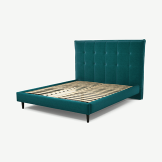 An Image of Lamas King Size Bed, Tuscan Teal Velvet with Black Stain Oak Legs