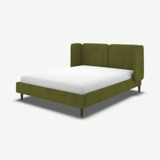 An Image of Ricola King Size Bed, Nocellara Green Velvet with Walnut Stain Oak Legs