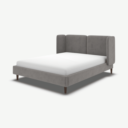 An Image of Ricola Super King Size Bed, Steel Grey Velvet with Walnut Stain Oak Legs