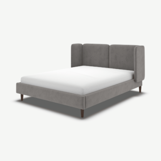 An Image of Ricola Double Bed, Steel Grey Velvet with Walnut Stain Oak Legs
