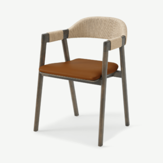 An Image of Nishan Dining Chair, Tan Faux Leather & Dark Stain