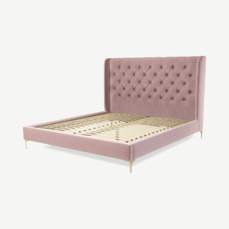 An Image of Romare Super King Size Bed, Heather Pink Velvet with Brass Legs