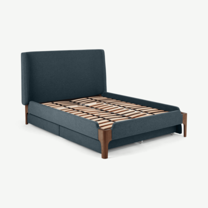 An Image of Roscoe Super King Size Bed With Storage Drawers, Aegean Blue & Dark Stain Oak Legs
