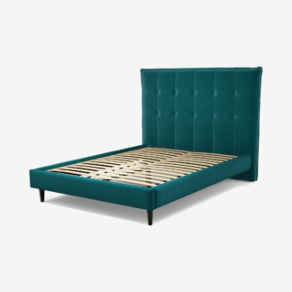 An Image of Lamas Double Bed, Tuscan Teal Velvet with Black Stain Oak Legs