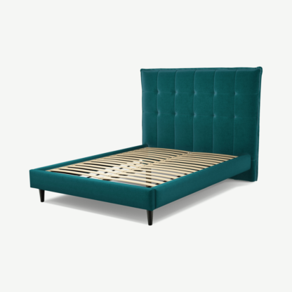 An Image of Lamas Double Bed, Tuscan Teal Velvet with Black Stain Oak Legs