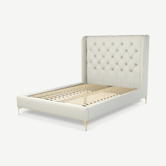 An Image of Romare Double Bed, Putty Cotton with Brass Legs