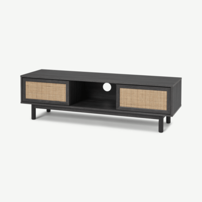 An Image of Pavia Wide TV Stand, Natural Rattan & Black Wood Effect