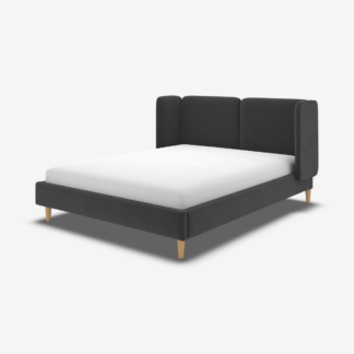 An Image of Ricola Double Bed, Ashen Grey Cotton Velvet with Oak Legs