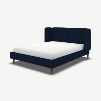 An Image of Ricola Super King Size Bed, Prussian Blue Cotton Velvet with Walnut Stain Oak Legs