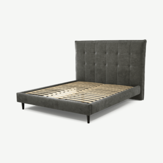 An Image of Lamas King Size Bed, Steel Grey Velvet with Black Stain Oak Legs