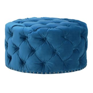 An Image of Timothy Oulton Lord Digsby Medium Round Footstool, Revival Velvet Aqua