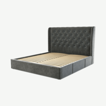 An Image of Romare Super King Size Bed with Storage Drawers, Steel Grey Velvet