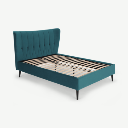 An Image of Charley Double Bed, Seafoam Blue Velvet & Black Legs