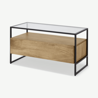 An Image of Kilby Compact TV Stand, Light Mango Wood and Glass