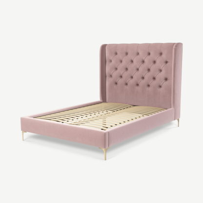 An Image of Romare Double Bed, Heather Pink Velvet with Brass Legs